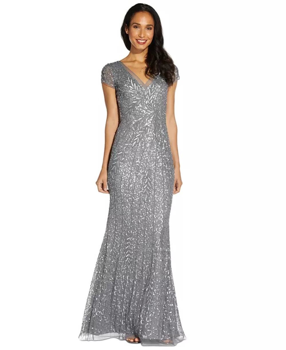 Adrianna Papell Women's Beaded Sequin Mermaid Gown Gray 2